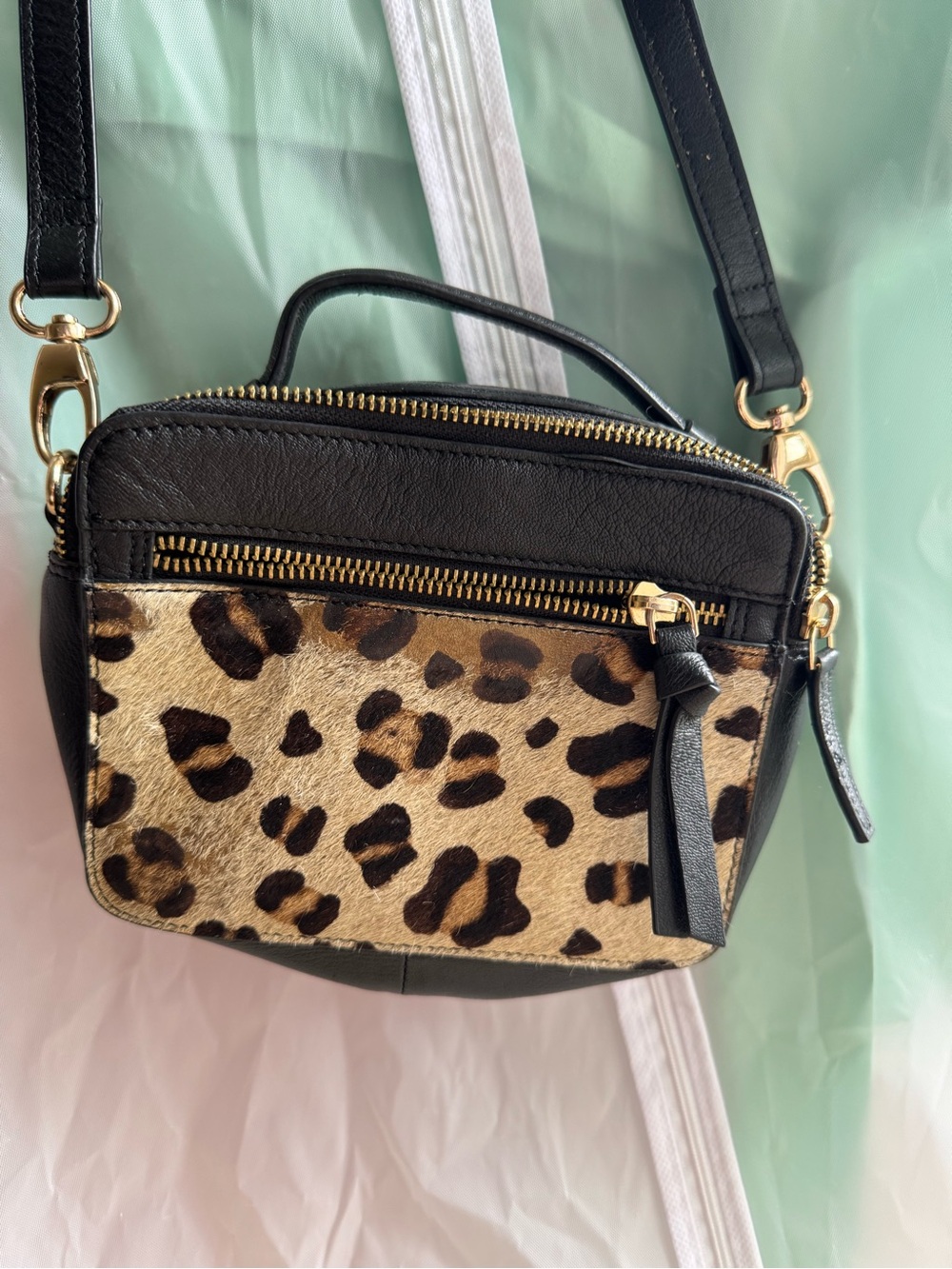 Urbancode London Black Leopard Print Crossbody Bag with Gold Hardware